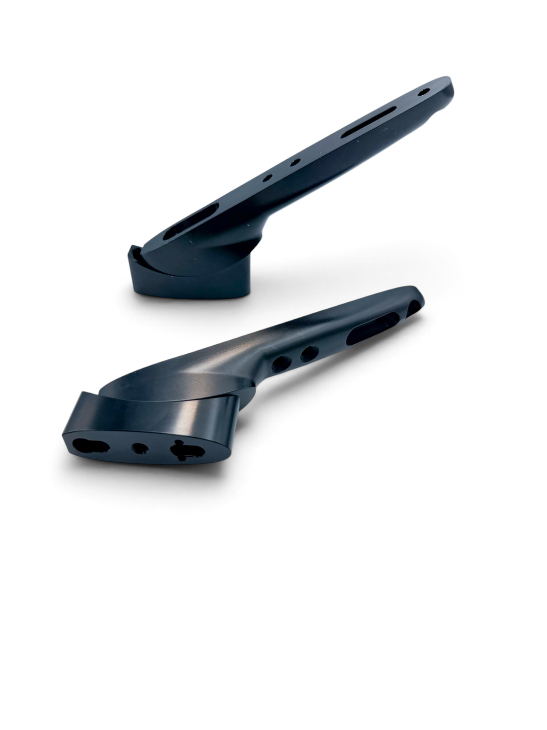 AeroGain Angled Riser shown from the front, with the M5 and M6 bolt holes and recessed nut pockets in the clamp base visible