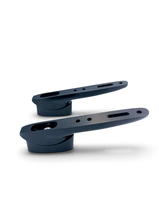 AeroGain Angled Riser pair in dark anodised 7075 aluminium, showing the tower clamp base and the slotted extension arm