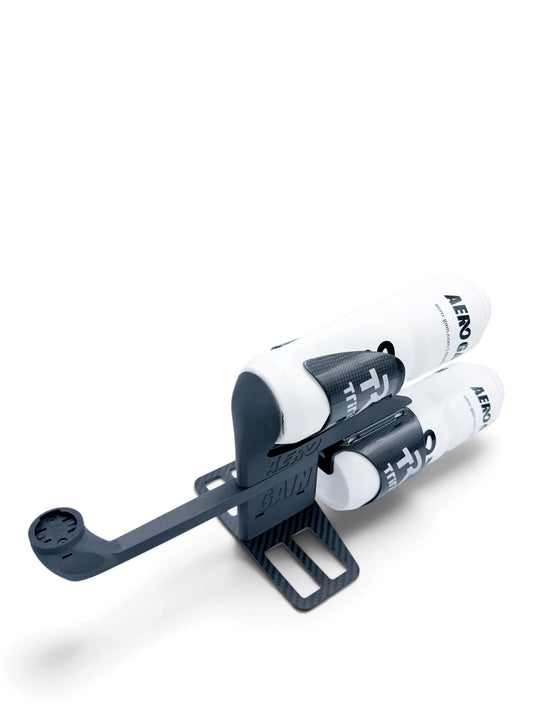 AeroGain Aero BTA system with two bottles and computer mount on the carbon fibre plate, angled view