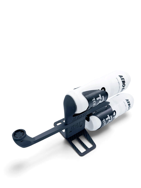 AeroGain Aero BTA system with two bottles and computer mount on the carbon fibre plate, front three-quarter view from above