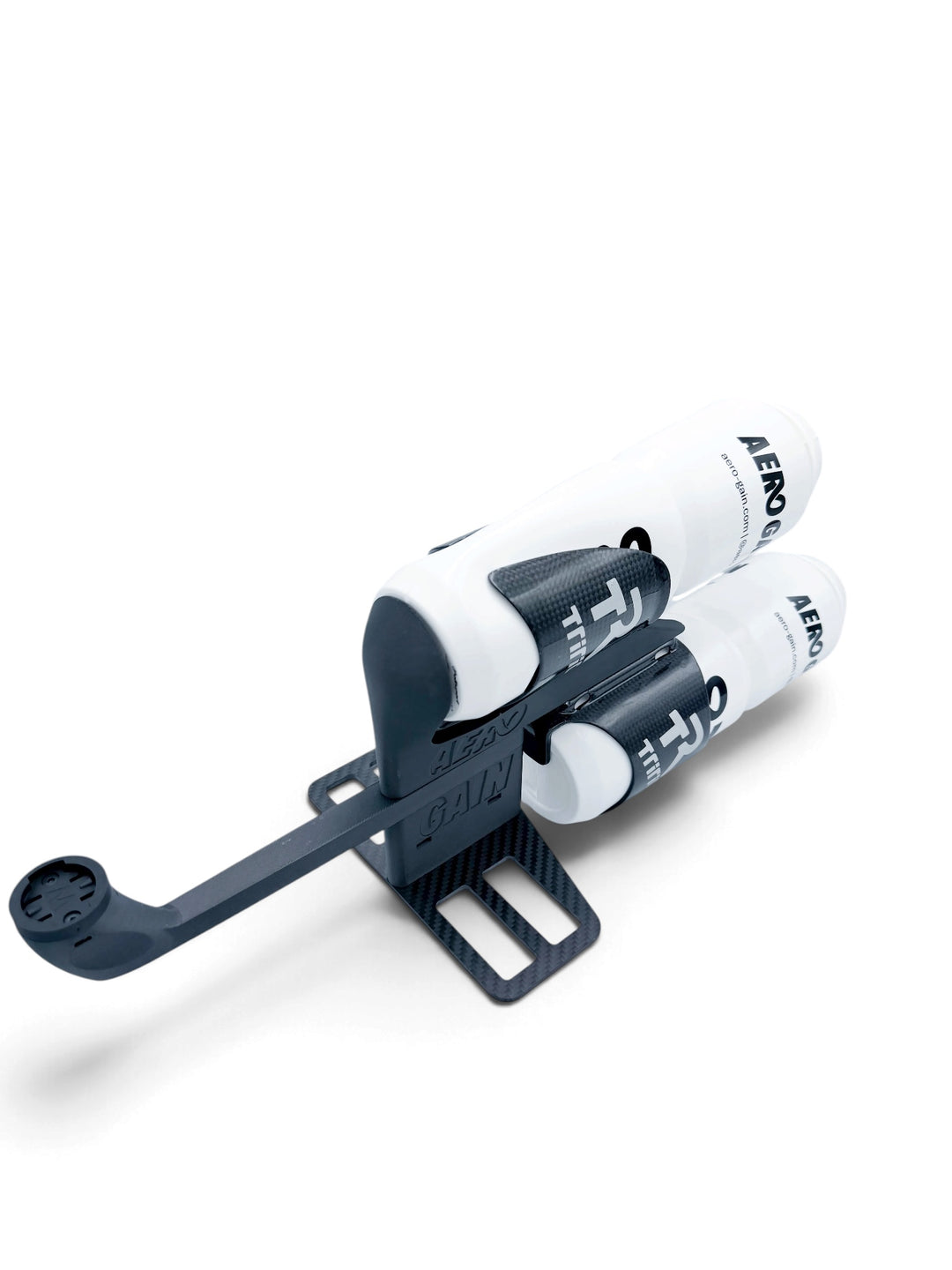 AeroGain Aero BTA system with two bottles and the computer-mount arm extended, front three-quarter view on the carbon fibre plate