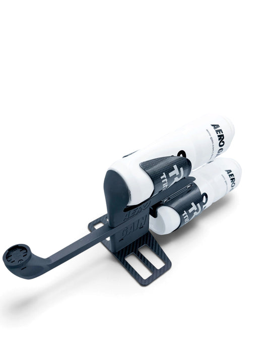 AeroGain Aero BTA system with two bottles and the computer-mount arm extended, front three-quarter view on the carbon fibre plate