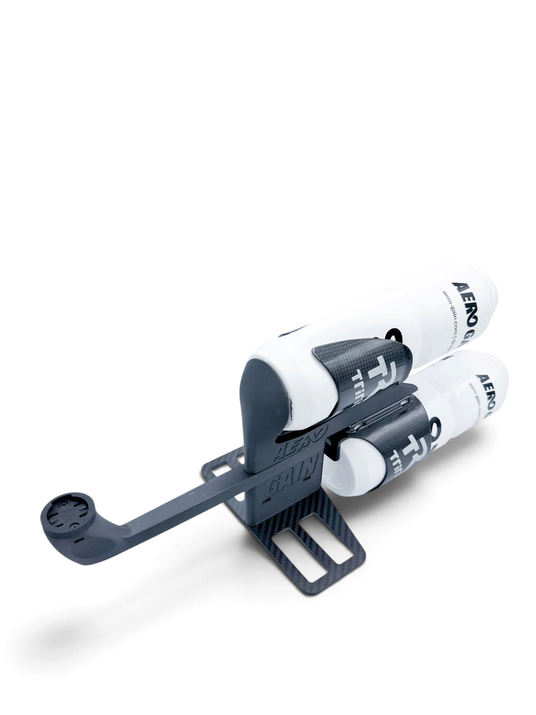 AeroGain Aero BTA system with two bottles and a computer-mount arm on the carbon fibre mount plate