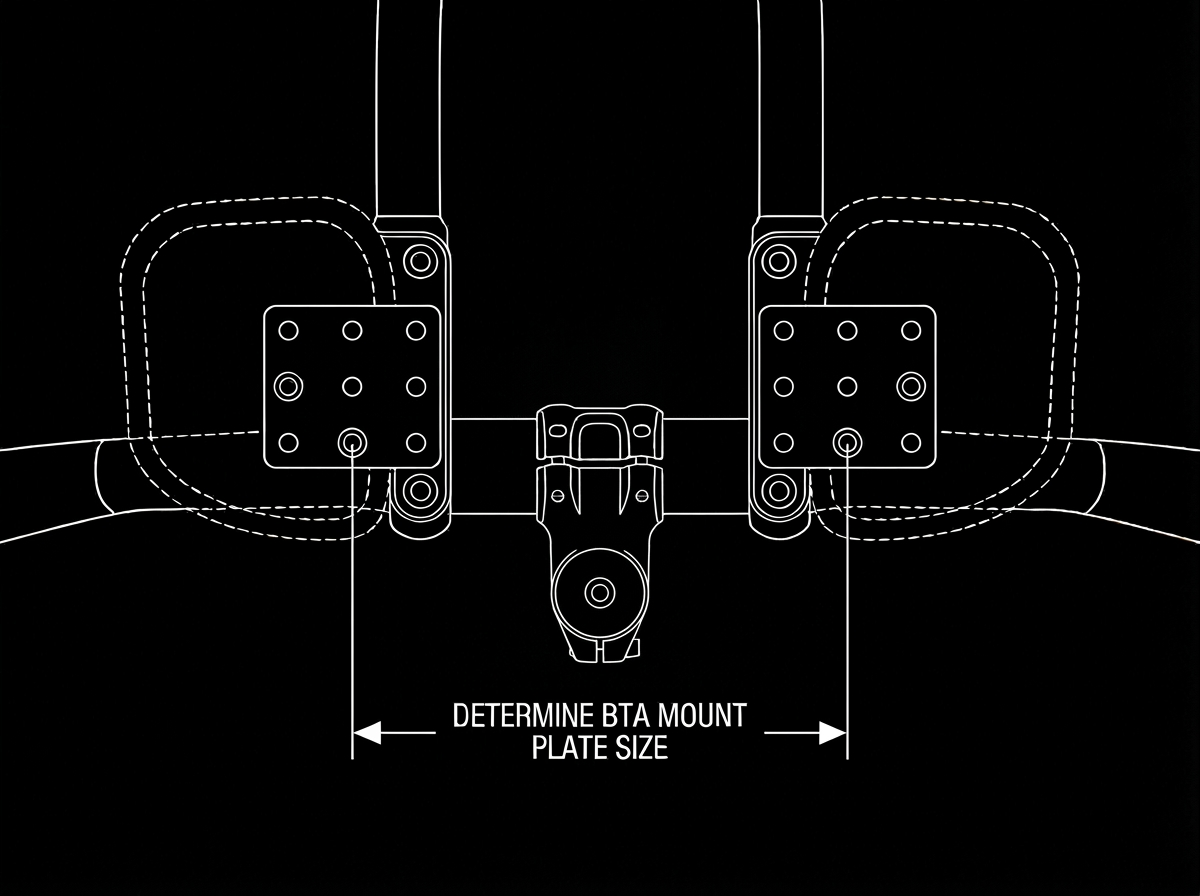 Technical line drawing of a triathlon cockpit seen from above, with arrows marking the bolt-to-bolt distance across the armpad bridge that determines which AeroGain BTA mount plate size to order