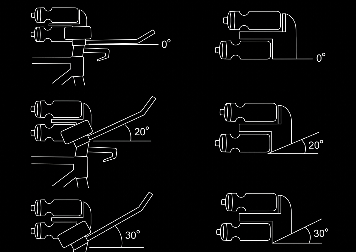 Technical line drawings of an AeroGain BTA mount carrying two bottles at 0, 20 and 30 degree extension angles, showing how a spacer matched to the extension angle keeps the bottles horizontal