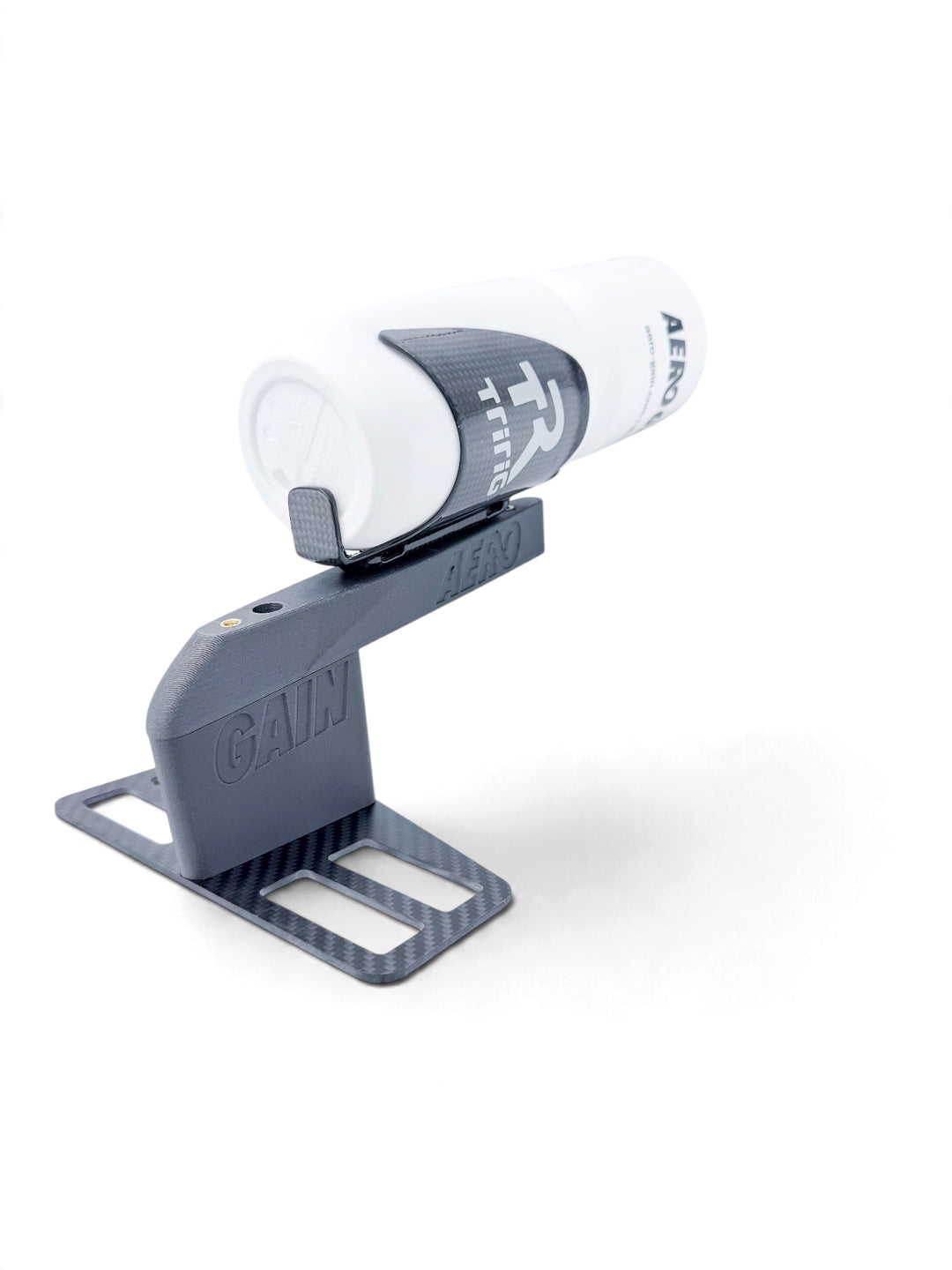 AeroGain Double Bottle BTA top section with one bottle mounted, carbon fibre plate below