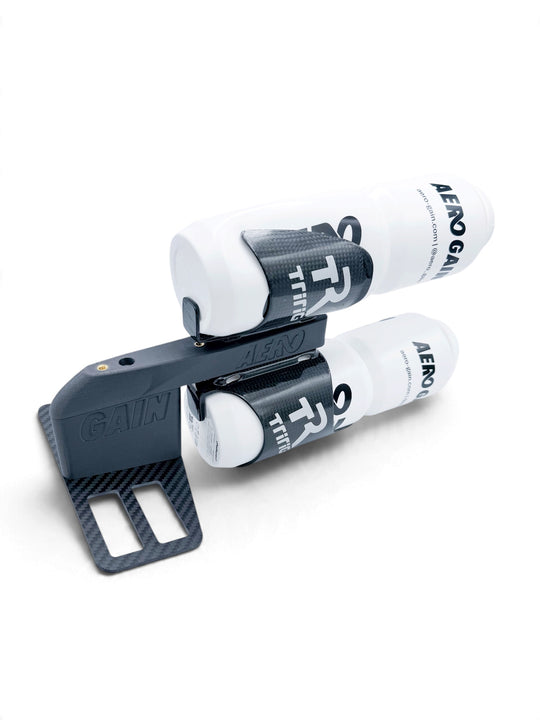 AeroGain Double Bottle BTA system with two bottles, angled side view on the carbon fibre plate