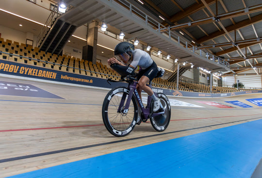 Rider on the track at Ballerup Super Arena during an aero test